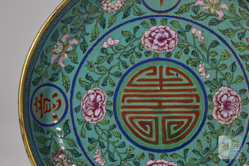 清乾隆  铜胎画珐琅千秋如意寿字盘 - 图3